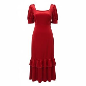 Rachel Parcell Red Velvet Midi Dress- Puff sleeve- Square Neck Tierd NWT Small